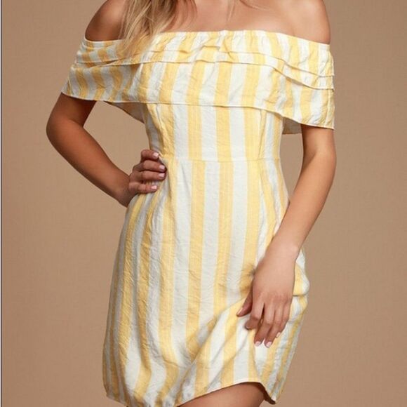 Lulu's Yellow Stripe Off The Shoulder Dress - Picture 1 of 8